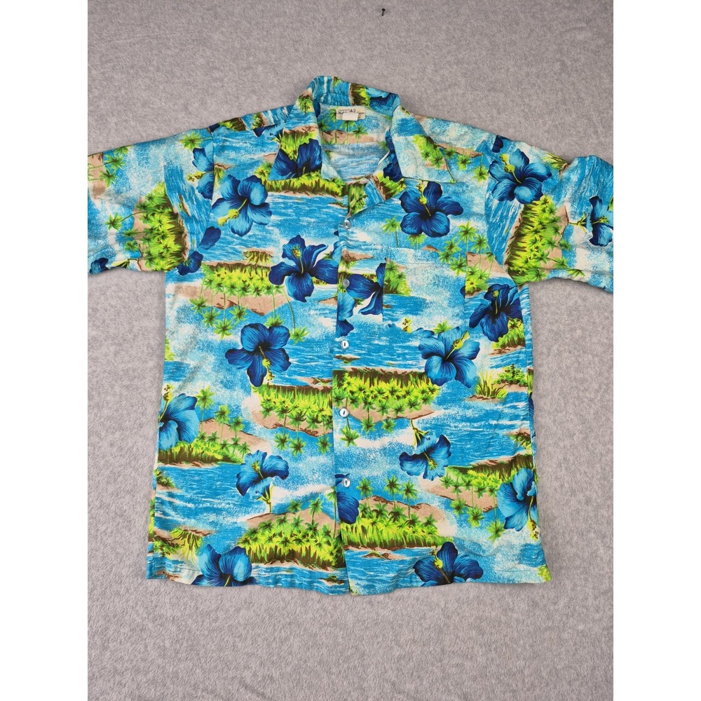 Vintage Hukilau Fashion Honolulu Short Sleeve Blue Hawaiian Shirt Men's Size XL